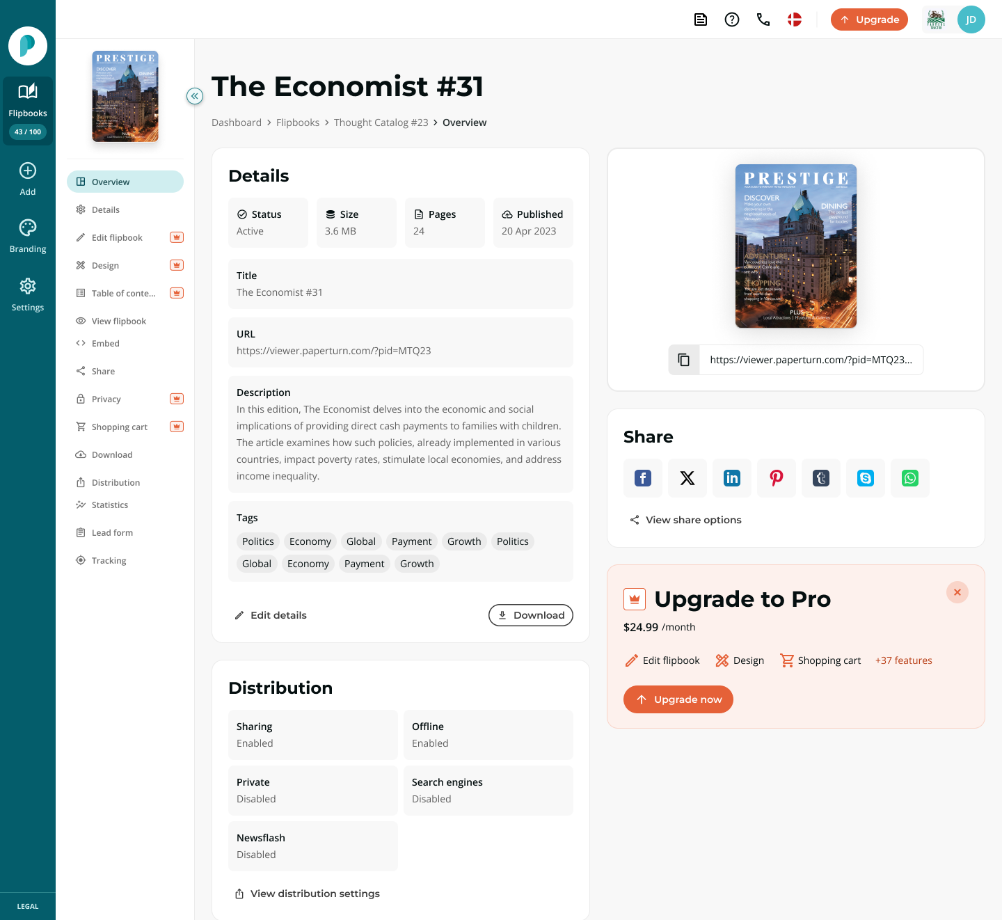 Redesigned Paperturn dashboard organized around three value pillars: Create, Share, Analyze.