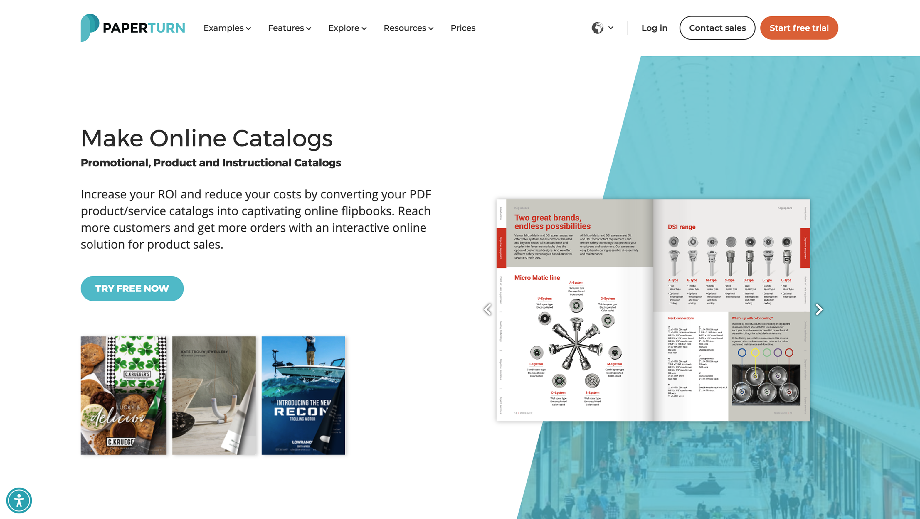 Pre-narrative paid landing page: feature-led headline 'Make Online Catalogs' with a generic flipbook visual.