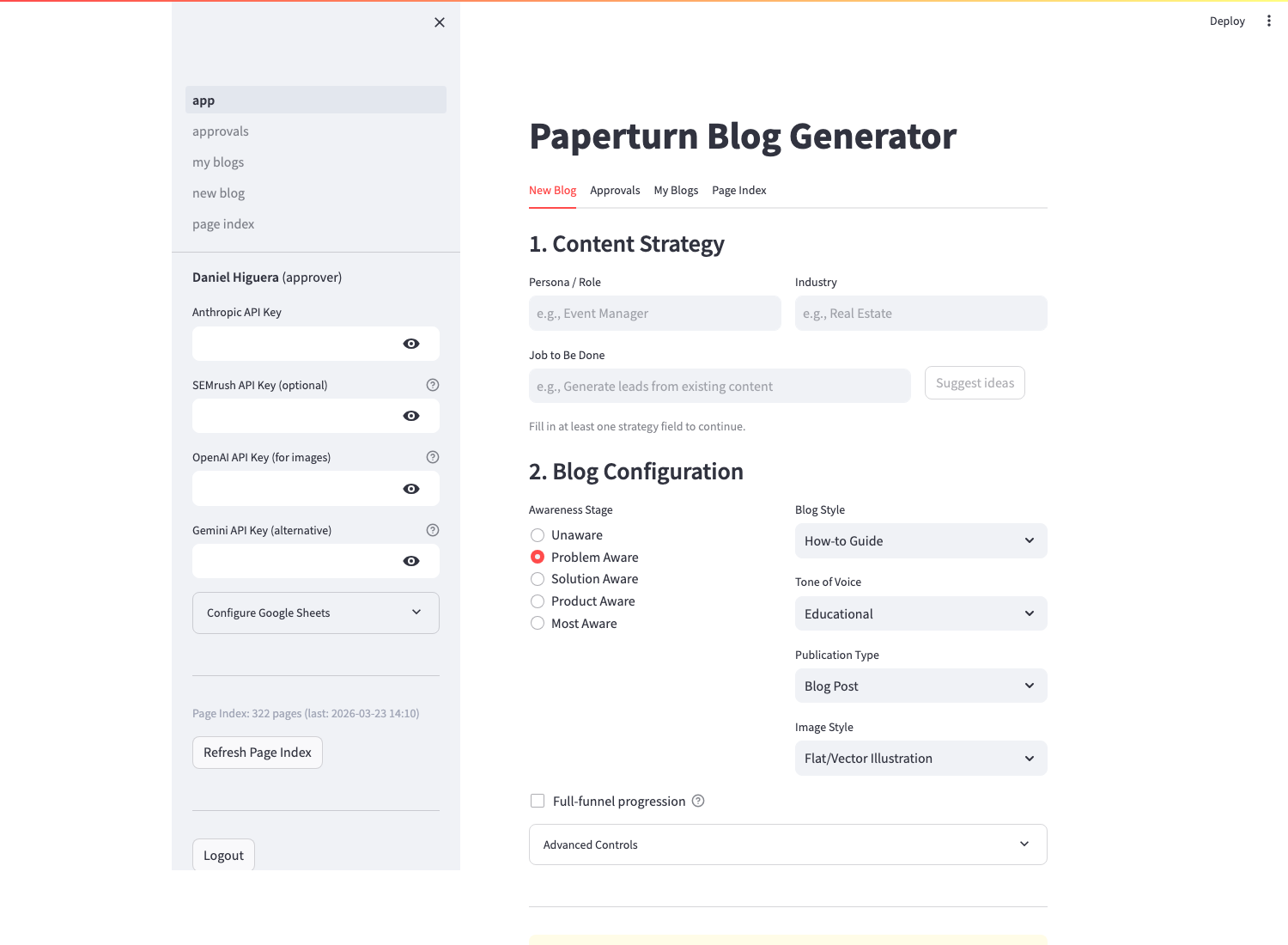 Paperturn Blog Generator Streamlit app — sidebar with API key configuration and a "322 pages indexed" stat from the actual Paperturn sitemap, main area showing the New Blog tab with content-strategy inputs (persona, industry, job-to-be-done), awareness-stage radio options, and blog-style/tone-of-voice/publication-type selectors.