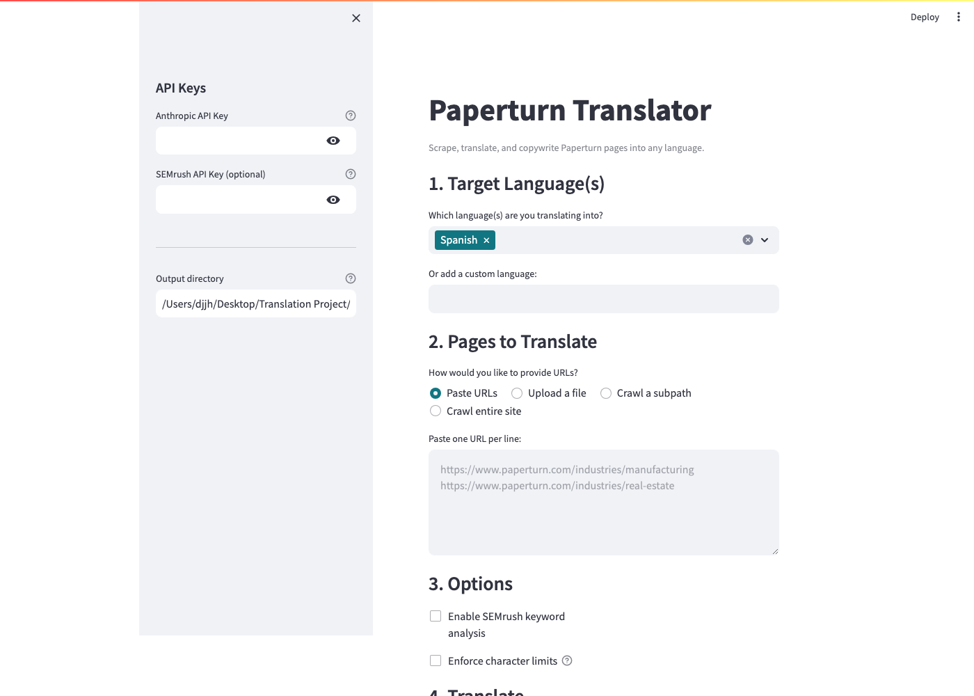Paperturn Translator Streamlit app — sidebar with Anthropic + SEMrush API key fields, main area with target-language selector (Spanish chip in brand teal), URL paste area showing Paperturn industry pages.